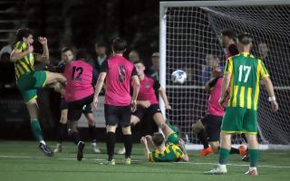 Archie Locke scores Harpenden's goal in the play-off semi-final. Picture: PETER SHORT