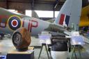 The Highball bomb restored and now under the DH Mosquito B Mark 35 at the de Havilland Aircraft Museum.