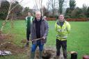 Councillor Chris White, the Council Leader and Portfolio Holder for Climate and Environment, helps with tree planting. Also pictured: Hugh McHarg (left) and Lawrence Lambourne. Picture: St Albans City and District Council