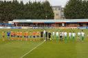 The teams line up prior to kick-off in the National League South match between Braintree Town and St Albans City at Cressing Road.