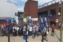 Members of St Albans for Europe outside St Albans City Station before heading to the People's Vote March in London.