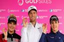 Charley Hull of England, Lucas Bjerregaard of Denmark and Georgia Hall of England pose for a photo after selecting for the draw during the GolfSixes Media Day at The Centurion Club near St Albans.  [Photo by Warren Little/Getty Images]