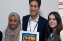 SJL students Lulu Abubakar and Lucy Holloway with Ed Miliband at the Labour Party Conference.