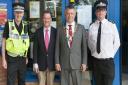 Ch Insp Ken Townsend, Commissioner David Lloyd, St Albans Mayor Salih Gaygusuz and Ch Con Andy Bliss at the new police station in the Civic Centre