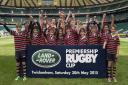 Old Albanian U11s, winners of the regional Land Rover Premiership Rugby Cup tournament hosted by Saracens, celebrate with Lewis Moody as part of the Land Rover Premiership Rugby sponsorship of grassroots rugby at the Aviva Premiership Rugby Final at Twick