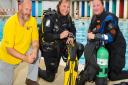 Scuba Trust member Howard Sobey  with Roz Lunn and Laura Greene as they prepare to take part in a 24 hour diveathon at St Albans Sub Aqua Club.