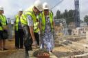 Harpenden Mayor Cllr Rosemary Farmer lays the first brick at Lea Springs