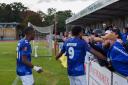 Shaun Jeffers celebrates with the St Albans City fans at Chelmsford. Picture: SACFC