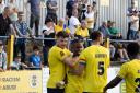 St Albans City celebrate in front of their fans after Dylan Fage scored. Picture: SACFC