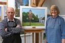 The Mayor of Harpenden, Cllr Fiona Gaskell, with a painting by artist Peter Brown that was presented to the mayor of Alzey.