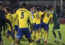 Michael Johnson (right) and St Albans City celebrate at the final whistle after their FA Cup win over Forest Green Rovers.