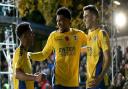 The three scorers who fired St Albans City to a famous FA Cup win over Forest Green Rovers - Zane Banton, Shaun Jeffers and Mitchell Weiss.