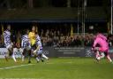 Zane Banton fires St Albans City into the lead against Forest Green Rovers in the FA Cup.