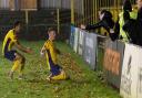 Huw Dawson celebrates his first St Albans City goal in the FA Cup win over Corinthian Casuals.