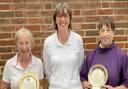 Glo Carse, ladies' captain Deb Bryan and Liz Beer with the Midweek Challenge Trophy and Borham Salver at Heydon Grange Golf Club.