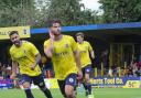 Gio Rasulo celebrates his debut goal for St Albans City against Weymouth. Picture: SACFC