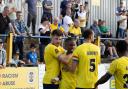 St Albans City celebrate in front of their fans after Dylan Fage scored. Picture: SACFC