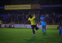 Ibby Akanbi celebrates the winning goal for St Albans City against Slough. Picture: SACFC
