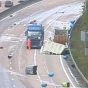 The clean-up operation on the M25 clockwise yesterday (Tuesday, April 25) after a lorry shed its load of cooking oil over the motorway