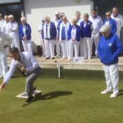 The mayor of St Albans deliver the first bowl of 2022 at Batchwood Bowls Club.
