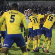 Michael Johnson (right) and St Albans City celebrate at the final whistle after their FA Cup win over Forest Green Rovers.