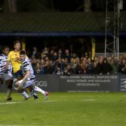Zane Banton fires St Albans City into the lead against Forest Green Rovers in the FA Cup.