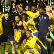 St Albans City celebrate after booking their place in the FA Cup first round with a penalty shoot-out win over Corinthian Casuals.
