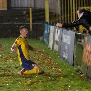 Huw Dawson celebrates his first St Albans City goal in the FA Cup win over Corinthian Casuals.