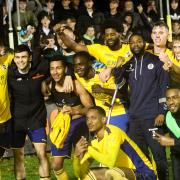 St Albans City celebrate their FA Cup penalty shoot-out win over Corinthian Casuals.