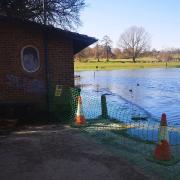 Verulamium Lake has burst its banks, flooding the public toilets, due to excessive winter rainfall.