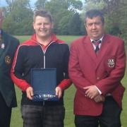 David Dobinson with Ray Johnson, captain of the Hertfordshire Golf Captains, left, and Mick Kiely, Aldenham Golf Club captain.