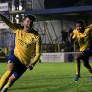 Joe Neal celebrates his winning goal for St Albans City against Concord Rangers