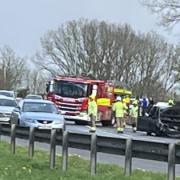 A car fire has caused heavy traffic on the A414 North Orbital Road, near St Albans.
