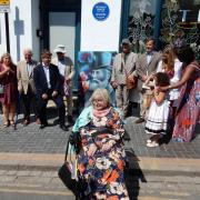 Anne Sander (centre) with others at the unveiling of the blue plaque in St Albans
