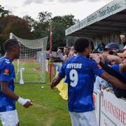 Shaun Jeffers celebrates with the St Albans City fans at Chelmsford. Picture: SACFC