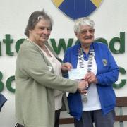 Batchwood president Beryl Birch (right) hands over a cheque to Doreen Bettie of Rennie Grove Hospice. Picture: BATCHWOOD BC