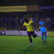 Ibby Akanbi celebrates the winning goal for St Albans City against Slough. Picture: SACFC