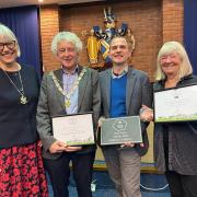 St Albans mayor and mayoress congratulate Redbourn in Bloom organisers Pat Schofield and Meirion Anderson.