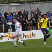 Shaun Jeffers scores his 100th goal for St Albans City. Picture: JIM STANDEN