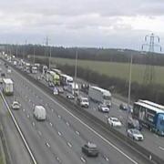 The M1 southbound has been closed in Hertfordshire due to a lorry fire.