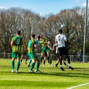 Dan Palmer scores the only goal for Harpenden against Colney Heath. Picture: FREDDIE CLARK