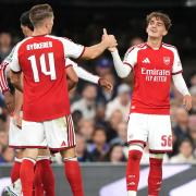 Max Dowman (right) struck twice for Arsenal at Ipswich (Joe Giddens/PA)