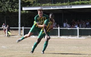 Josh Rodrigues (right) scored one of Harpenden Town's two goals in the FA Vase. Picture: TOBY HOWE