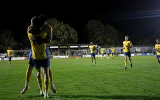 St Albans City celebrate Mitchell Weiss's goal against Weymouth.