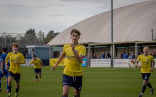 George Morrall celebrates his winner for St Albans City at Chippenham Town. Picture: SACFC